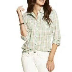 100% Cotton Western Green Plaid Snap Button Up Shirt Womens XL Style & Co Cowboy